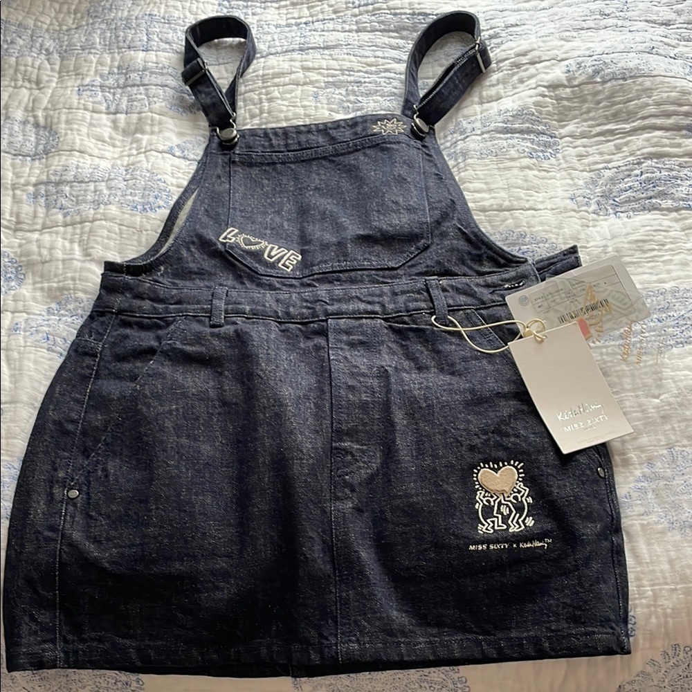 Womens  Miss Sixty Keith Harring collab Denim Overall Skirt